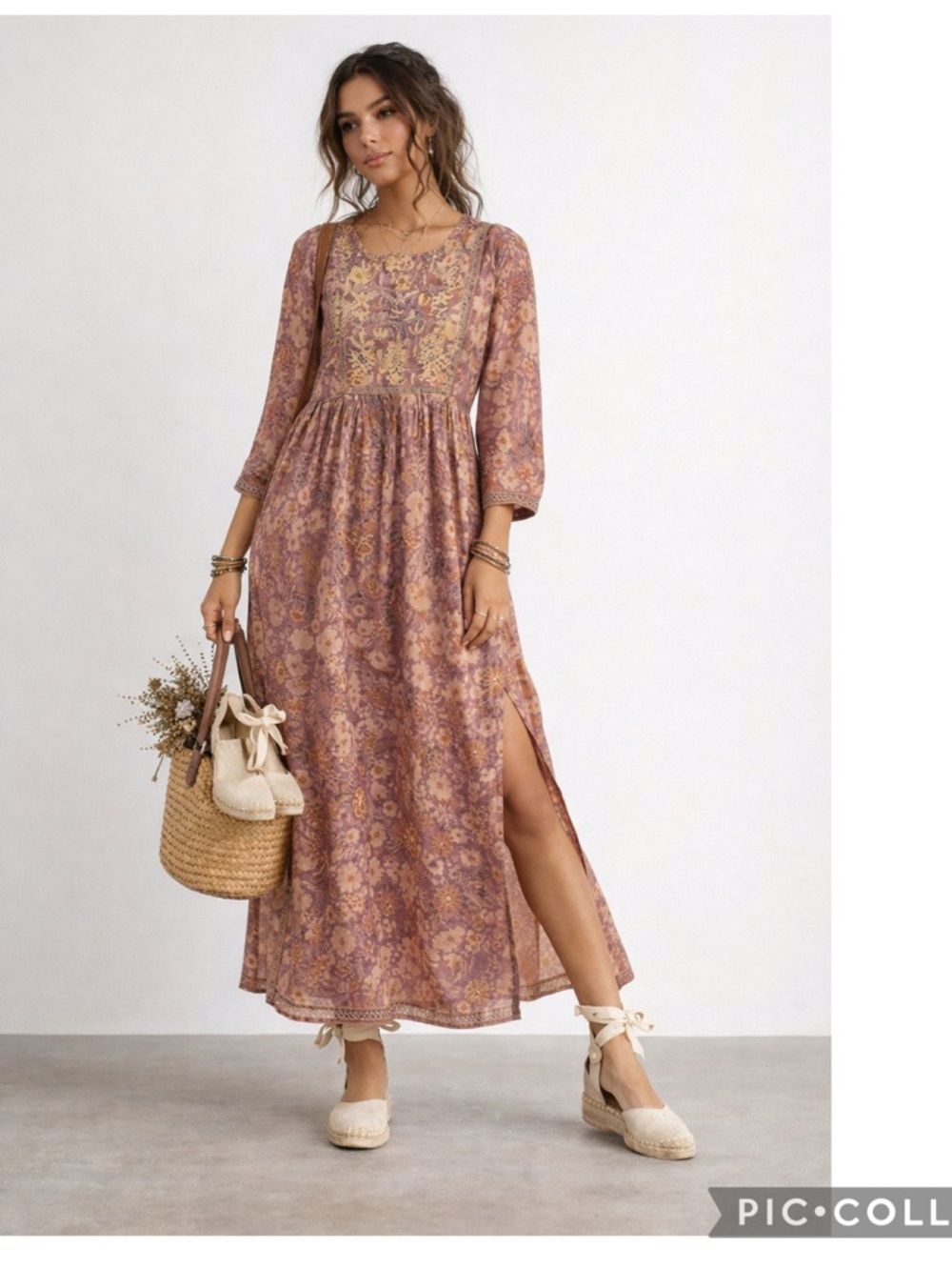 Aradhana India Embroidered Floral Boho Midi Tunic Dress M High Slits